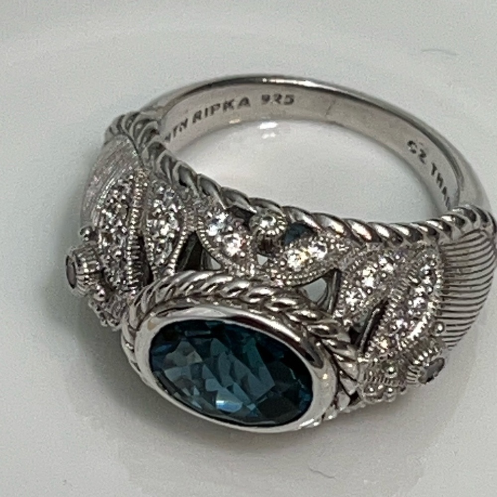 Judith Ripka Blue Topaz Dome Ring Sz 8 Sterling Silver Diamonique Accent